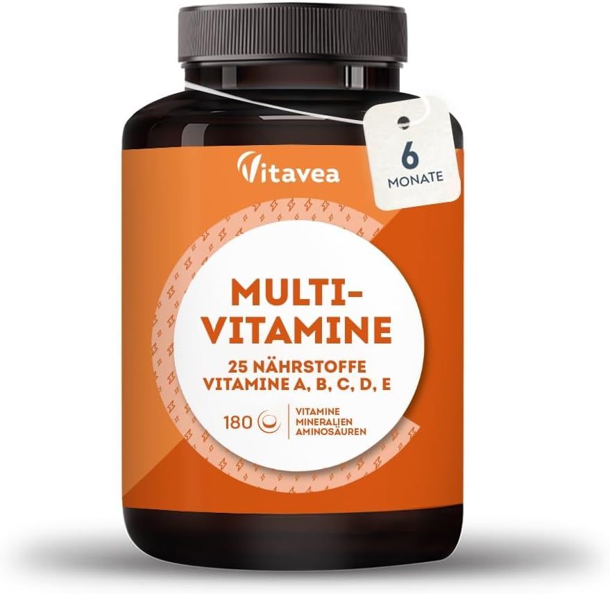 Flacone marrone con etichetta arancione. Scritta: Multi-Vitamine, 25 nutrienti, vitamine A, B, C, D, E. Etichetta: 6 mesi.