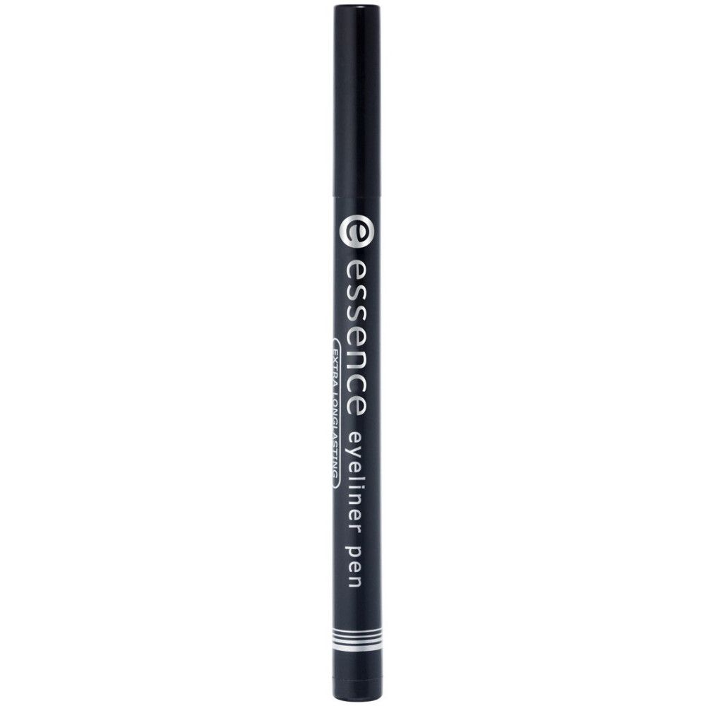 Schwarzer Eyeliner-Stift. Aufschrift: Essence, Eyeliner Pen, Extra Langanhaltend. Silberne Zierringe.