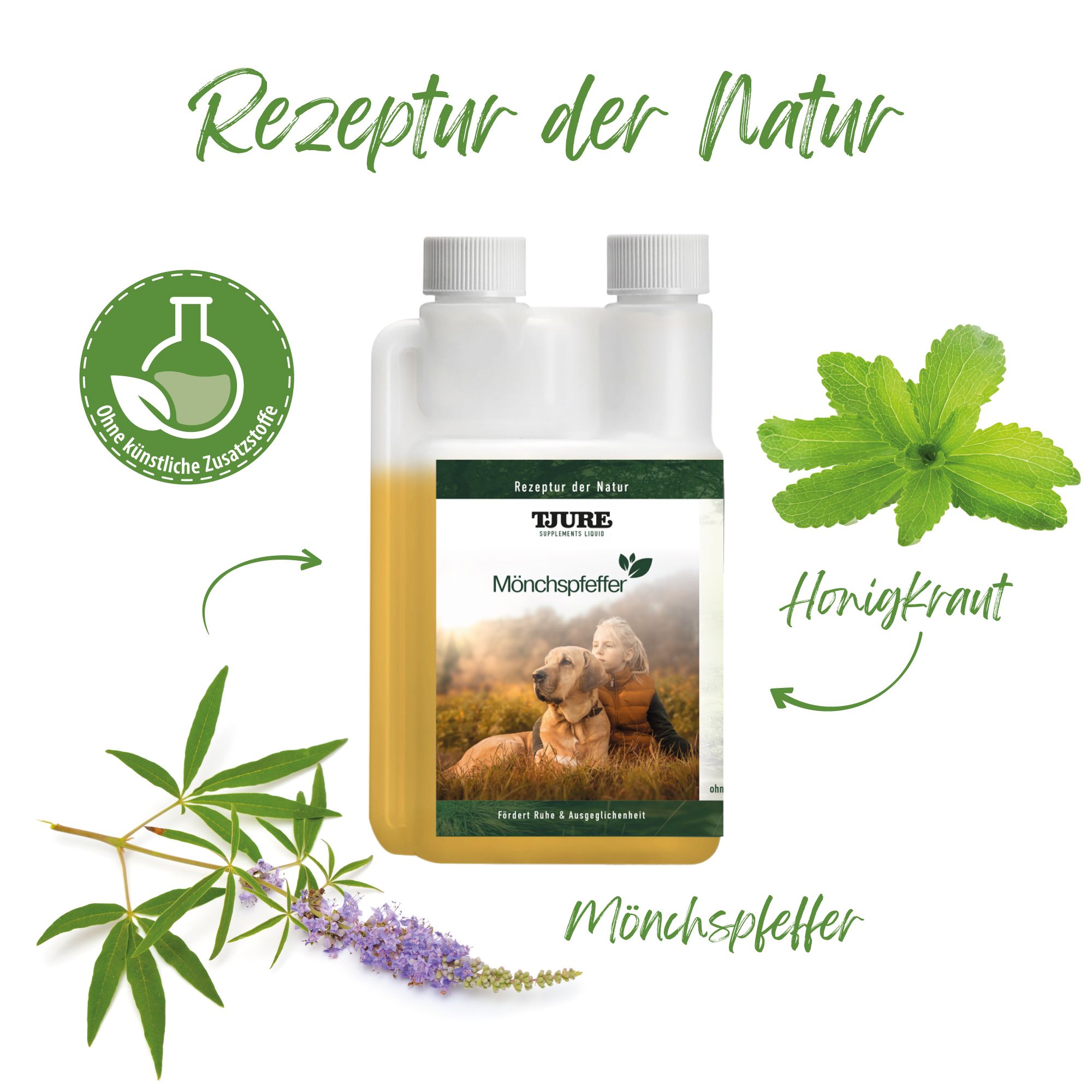 Doppelflasche mit gelber Flüssigkeit. Produktname und Logo. Abbildungen von Kräutern. Text: Rezeptur der Natur. Ohne künstliche Zusatzstoffe.