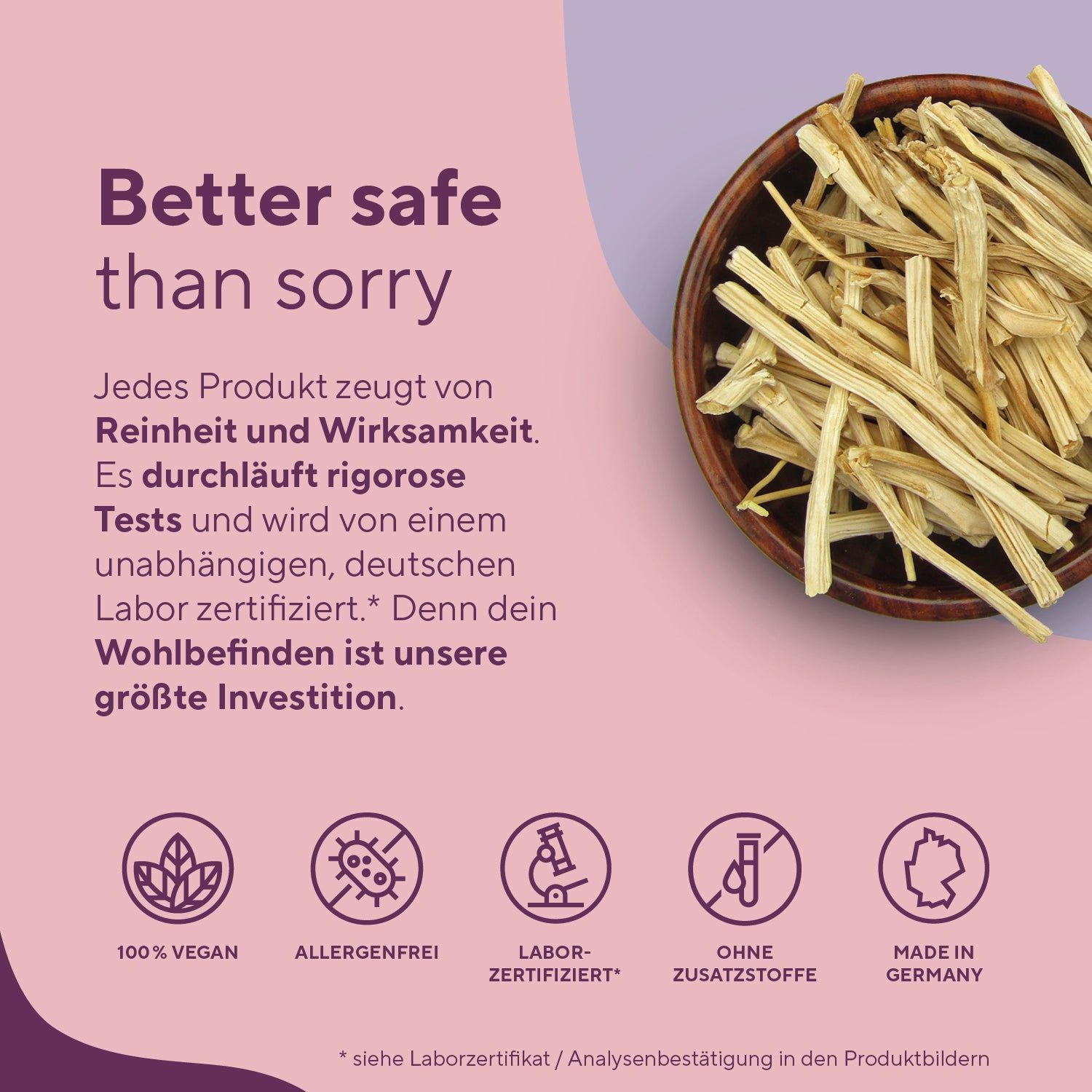 Holzschale mit Shatavari-Wurzeln. Text: Reinheit, Wirksamkeit, Labor-zertifiziert, ohne Zusatzstoffe, vegan, Made in Germany.