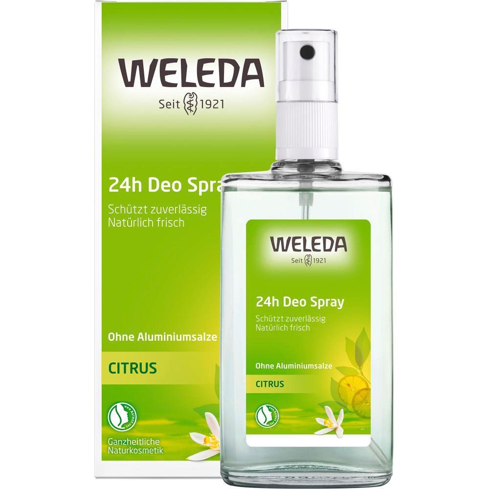 Weleda 24h Deo Spray. Transparente Flasche mit Sprühkopf und grüner Verpackung. Aufschrift: Citrus, ohne Aluminiumsalze.