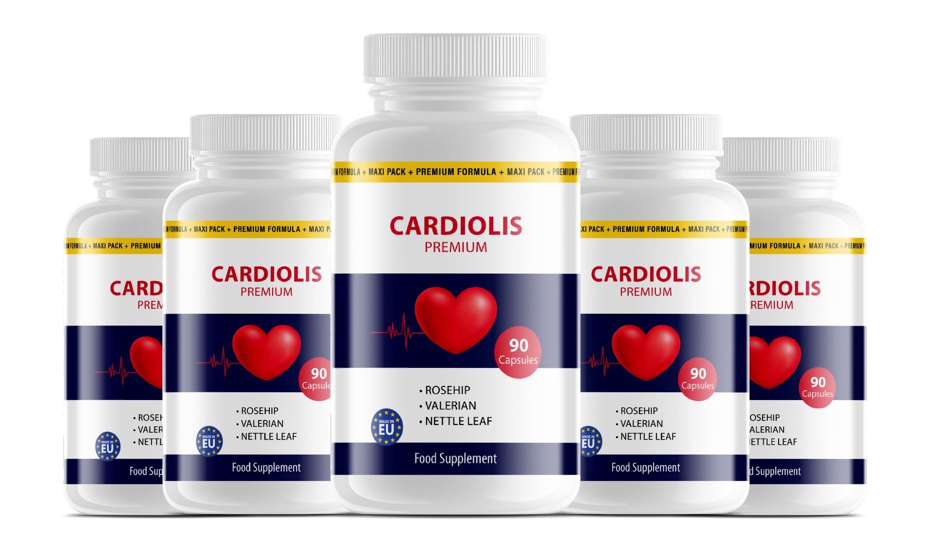 Fünf weiße Kapselpackungen in unterschiedlichen Größen. Zentrales Fläschchen mit "Cardiolis Premium" und Herzsymbol.