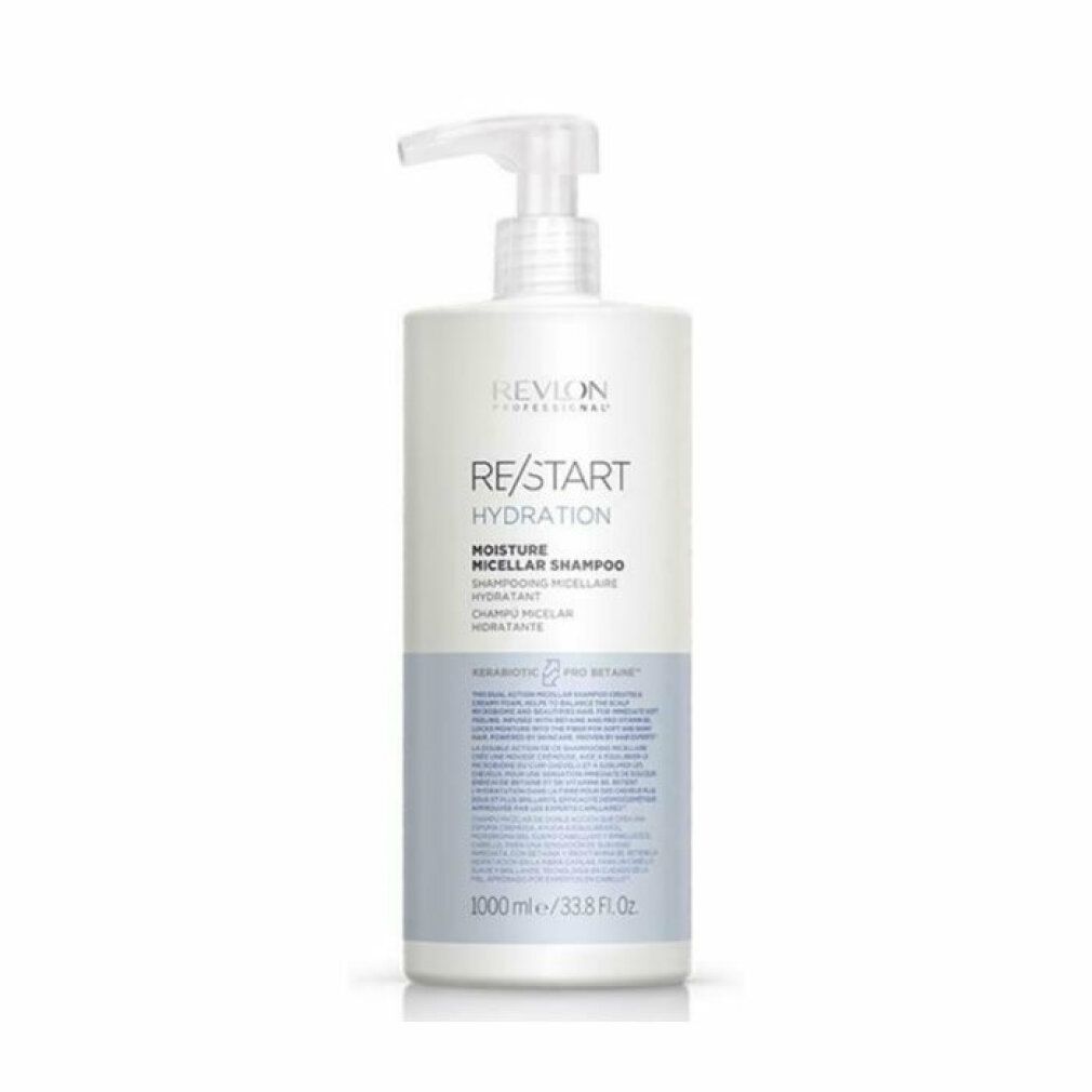 Weißer Shampoo-Behälter mit Pumpe und blauem Etikett. Aufschrift: Revlon Re-Start Hydration, Moisture Micellar Shampoo. 1000 ml.