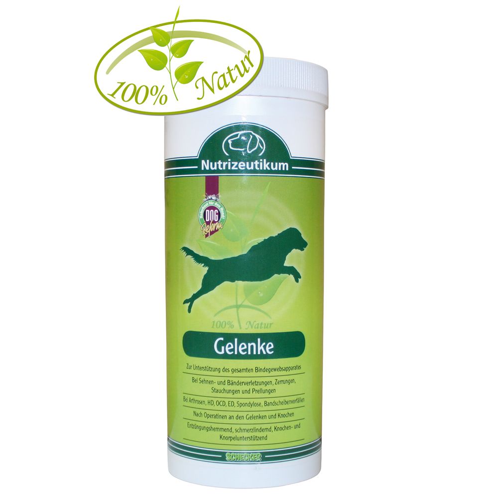 Zylindrische Dose mit grünem Etikett. Aufschrift: Gelenke, Nutrizeutikum, Hundesilhouette, 100% Natur. Siegel: Dog Vital.