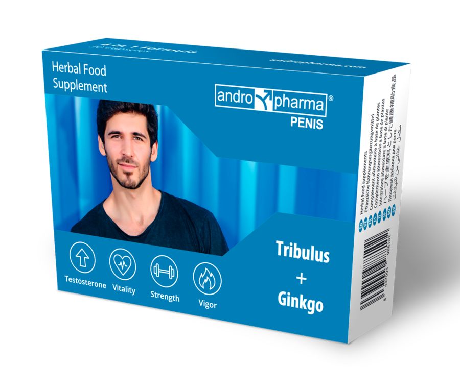 Blaue Schachtel mit einem Mann, Produktnamen und Icons. Enthält 'Tribulus + Ginkgo'. 'andro pharma' Logo sichtbar.