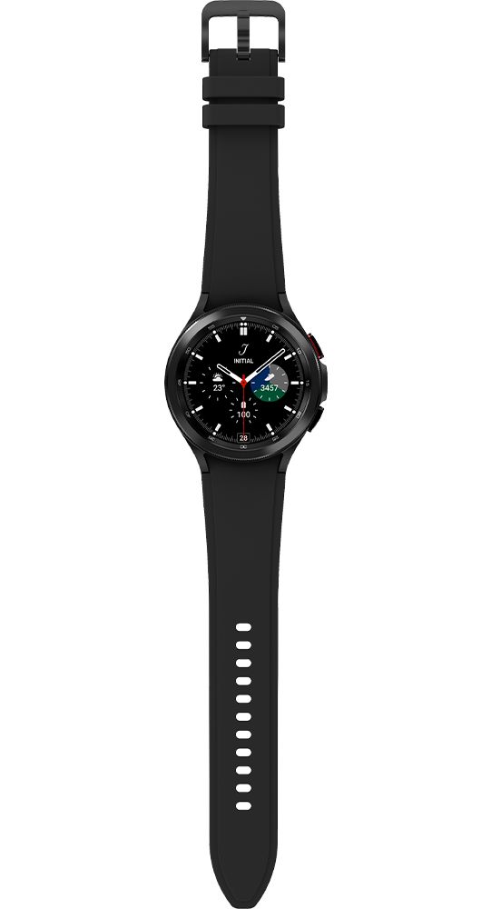 Schwarze Smartwatch mit schwarzem Armband. Runde Uhr mit digitaler Anzeige. Ansicht von oben.