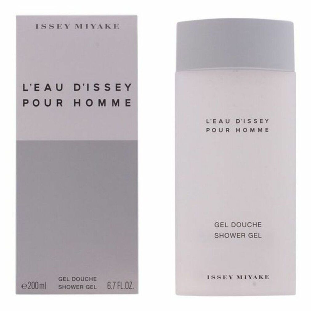 Duschgel und Verpackung. Text: L'EAU D'ISSEY POUR HOMME, GEL DOUCHE SHOWER GEL, ISSEY MIYAKE. Verpackung: 200ml, 6.7 FL.OZ.