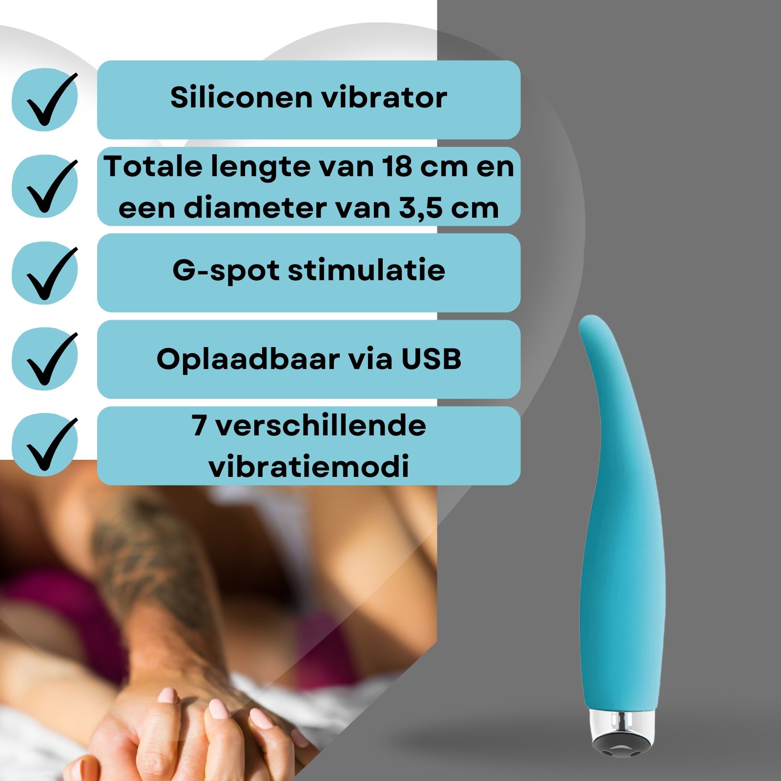 Blauwe vibrator. Tekst: Siliconen vibrator, 18cm, 3,5cm diameter, G-spot stimulatie, USB oplaadbaar, 7 standen.
