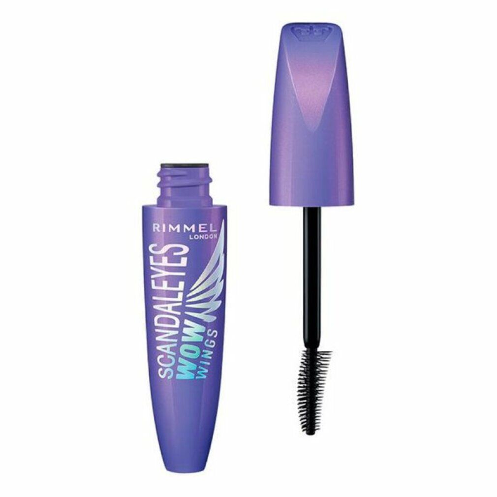 Geöffnete Mascara-Tube mit lila Deckel und Bürste. Text: Rimmel London Scandaleyes Wow Wings.