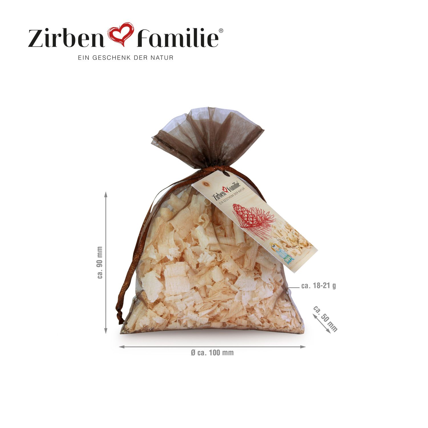 Beutel mit Holzflocken, brauner Verschluss, Anhänger mit Logo und Text. Maße: ca. 9x10x5 cm.