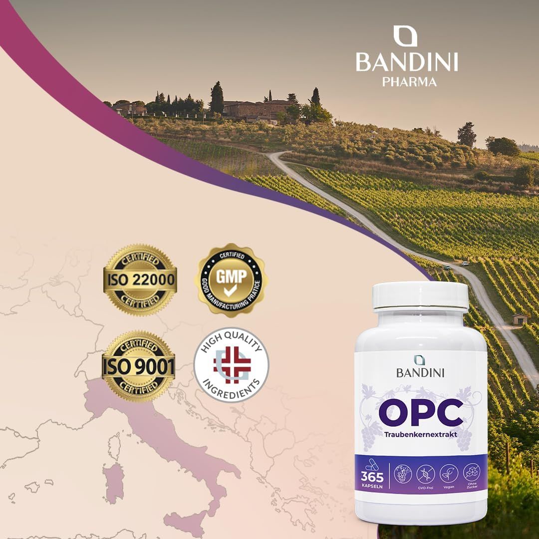 Flasche mit OPC Traubenkernextrakt. Logos: ISO 22000, GMP, ISO 9001, High Quality Ingredients. Logo Bandini Pharma.
