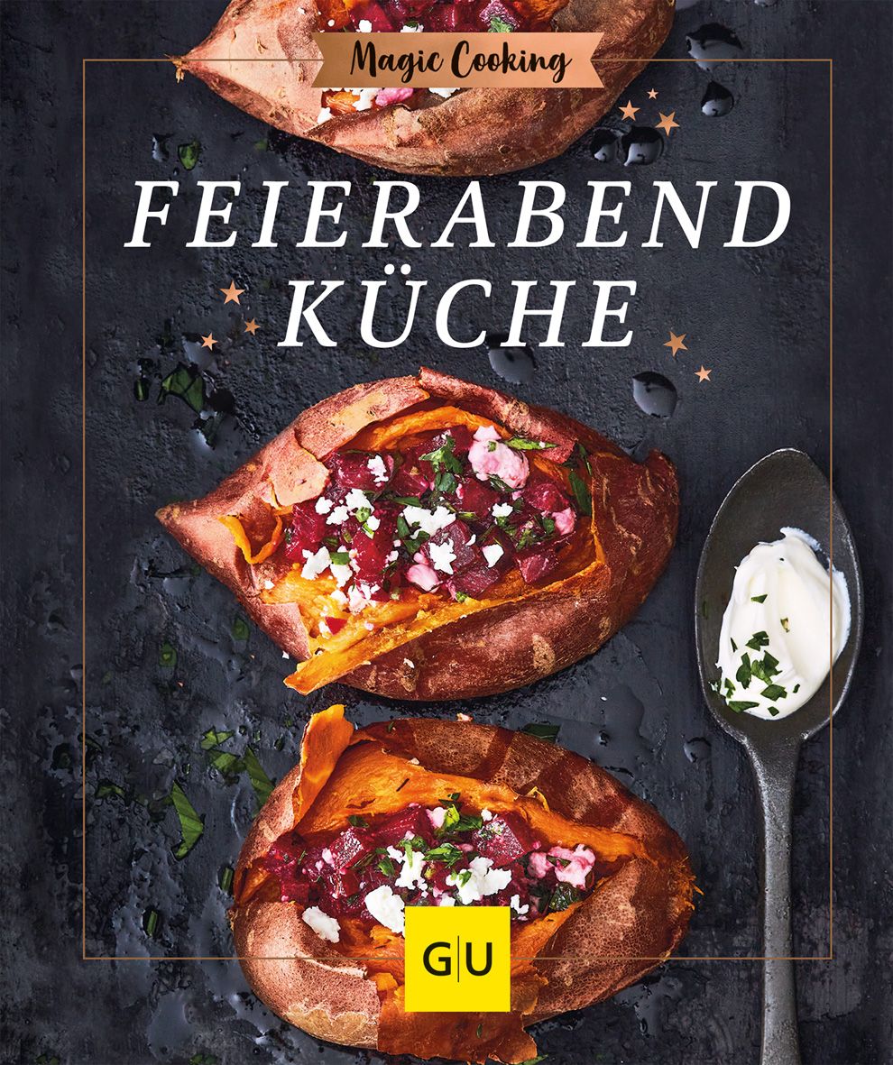 Kochbuch mit dem Titel "Feierabendküche". Oben steht "Magic Cooking". Darunter sind gefüllte Süßkartoffeln abgebildet.