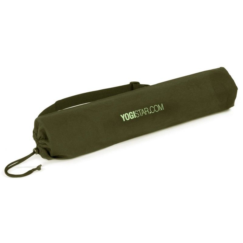 Olivgrüne Yogatasche mit Schultergurt und Kordelzug. Aufschrift: YOGISTAR.com.