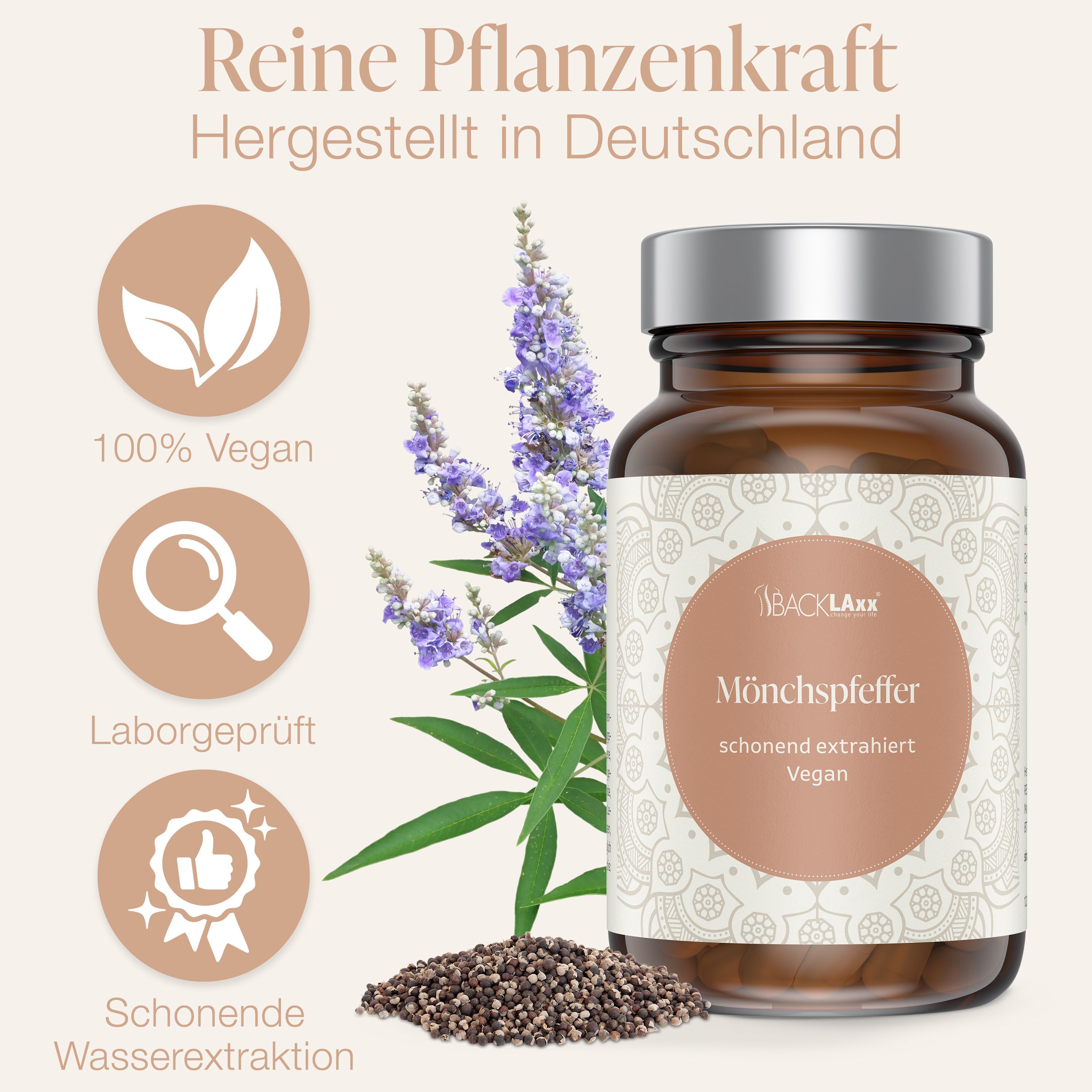Braune Glasflasche mit Kapseln und Etikett. Auf dem Etikett steht BACKLAXX Mönchspfeffer. Daneben Illustrationen und Text.