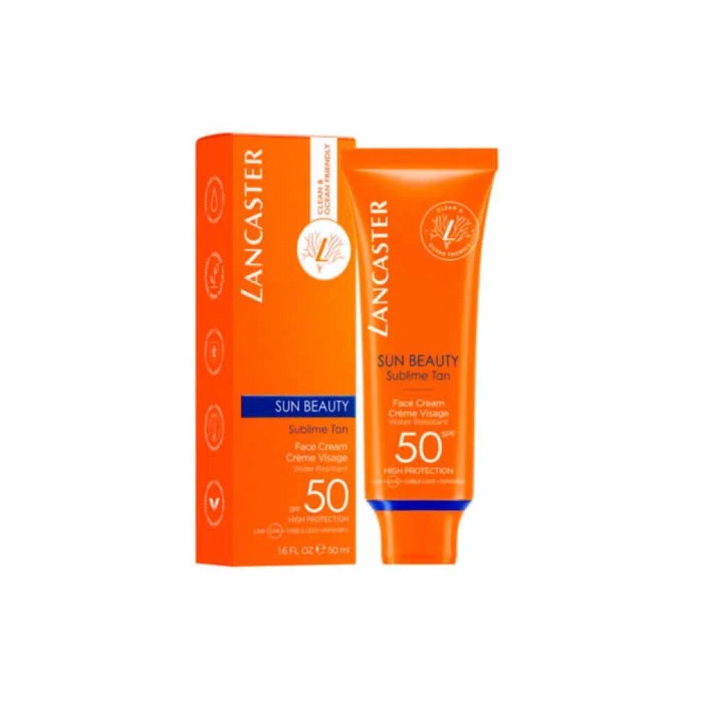 Sonnencreme-Tube und Verpackung. Orangefarben mit Lancaster-Logo und Produktinformationen. SPF50.