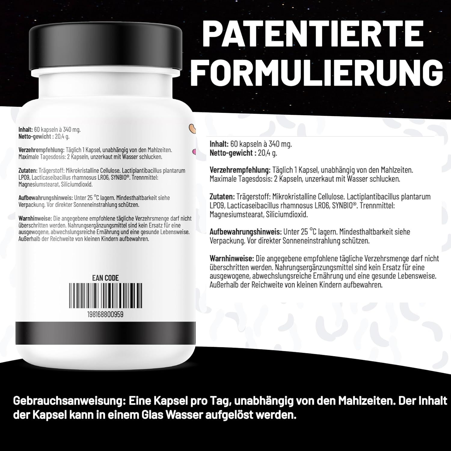 Text: Patentierte Formulierung. Text: Inhalt, Nettogewicht. EAN-Code.