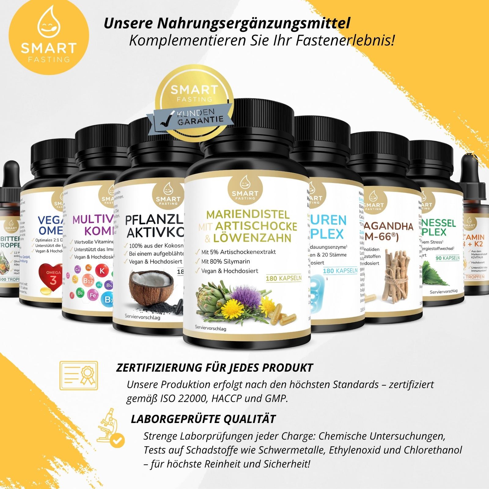 Mehrere Flaschen mit weißen Etiketten. Auf den Etiketten steht Mariendistel, Artischocke & Löwenzahn. Zertifizierung für jedes Produkt. Laborgeprüfte Qualität.