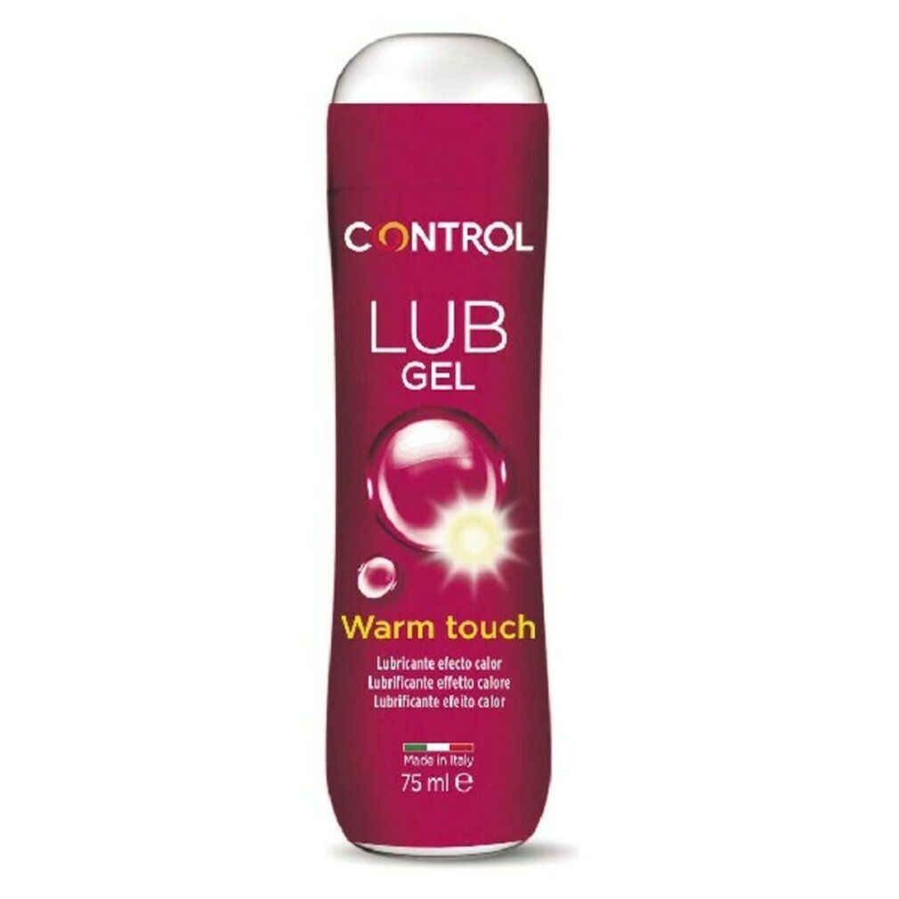 Zylindrische Flasche mit "CONTROL LUB GEL". Text: "Warm touch". Farbe: Lila. Mit weißem Deckel. 75 ml.