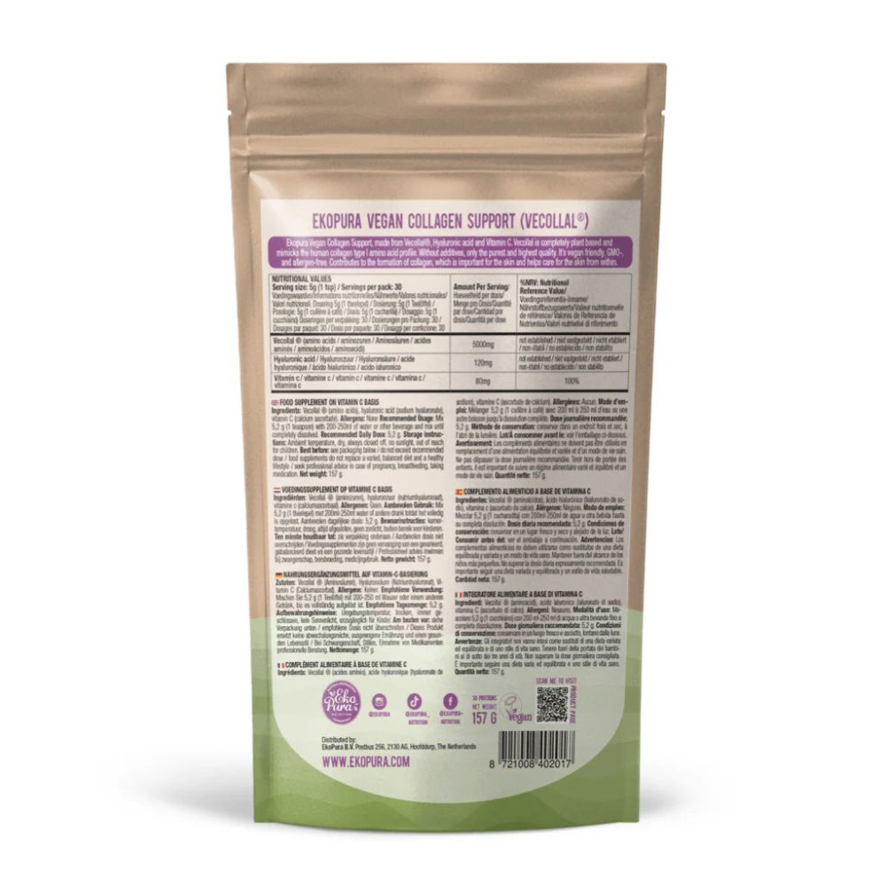 Rückseite des Beutels mit Text. Enthält Nährwertangaben, Zutaten und Zertifizierungen. Hintergrund: weiß.