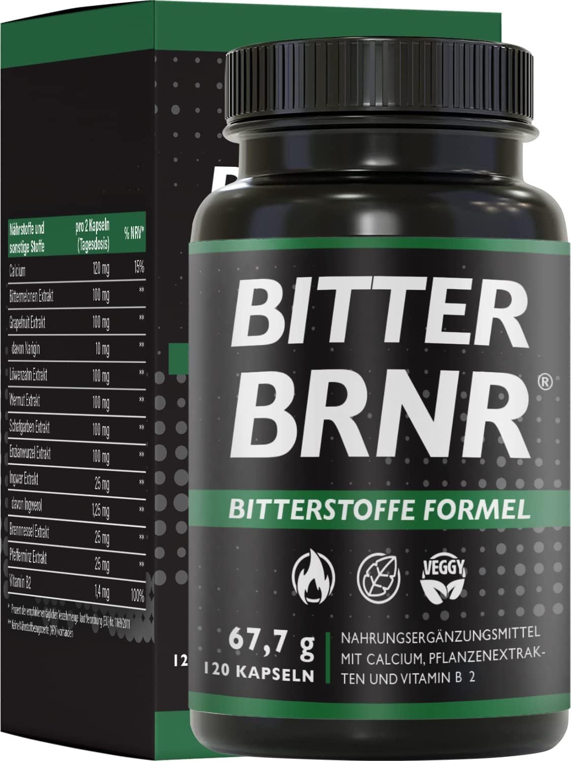Schwarze Flasche mit Kapseln und Verpackung. Aufschrift: BITTER BRNR, Bitterstoffe Formel. 120 Kapseln.
