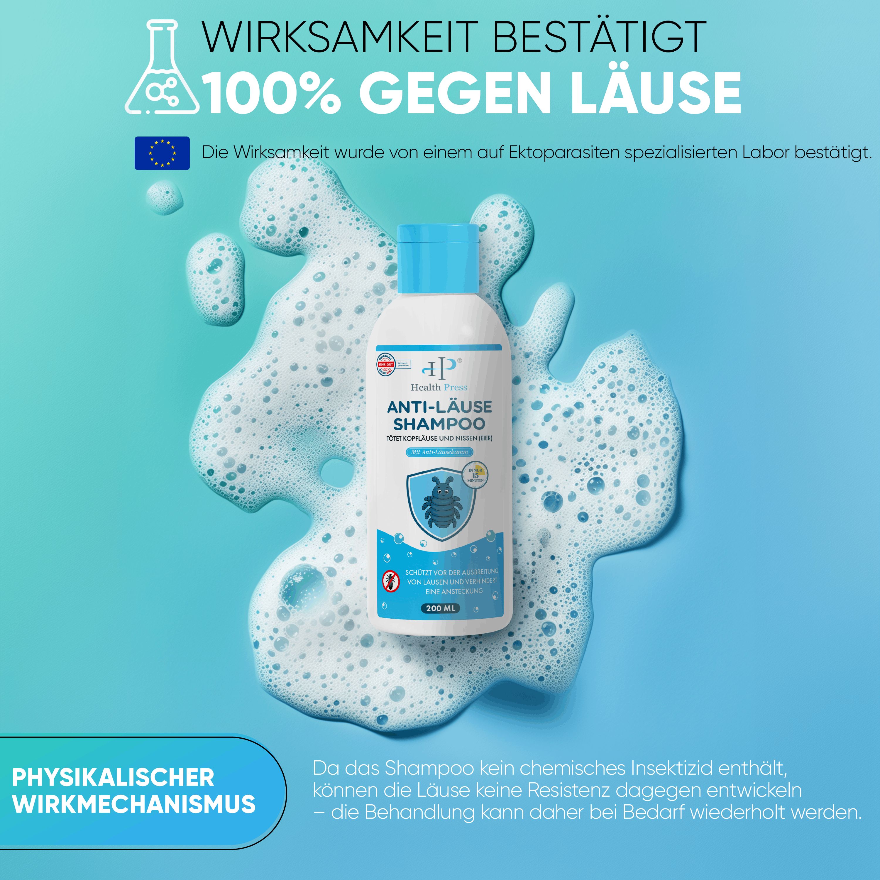 Health Press Anti-Läuse-Shampoo-Flasche in Seifenschaum. Aufschrift: Anti-Läuse-Shampoo. 200ml. 100% gegen Läuse.