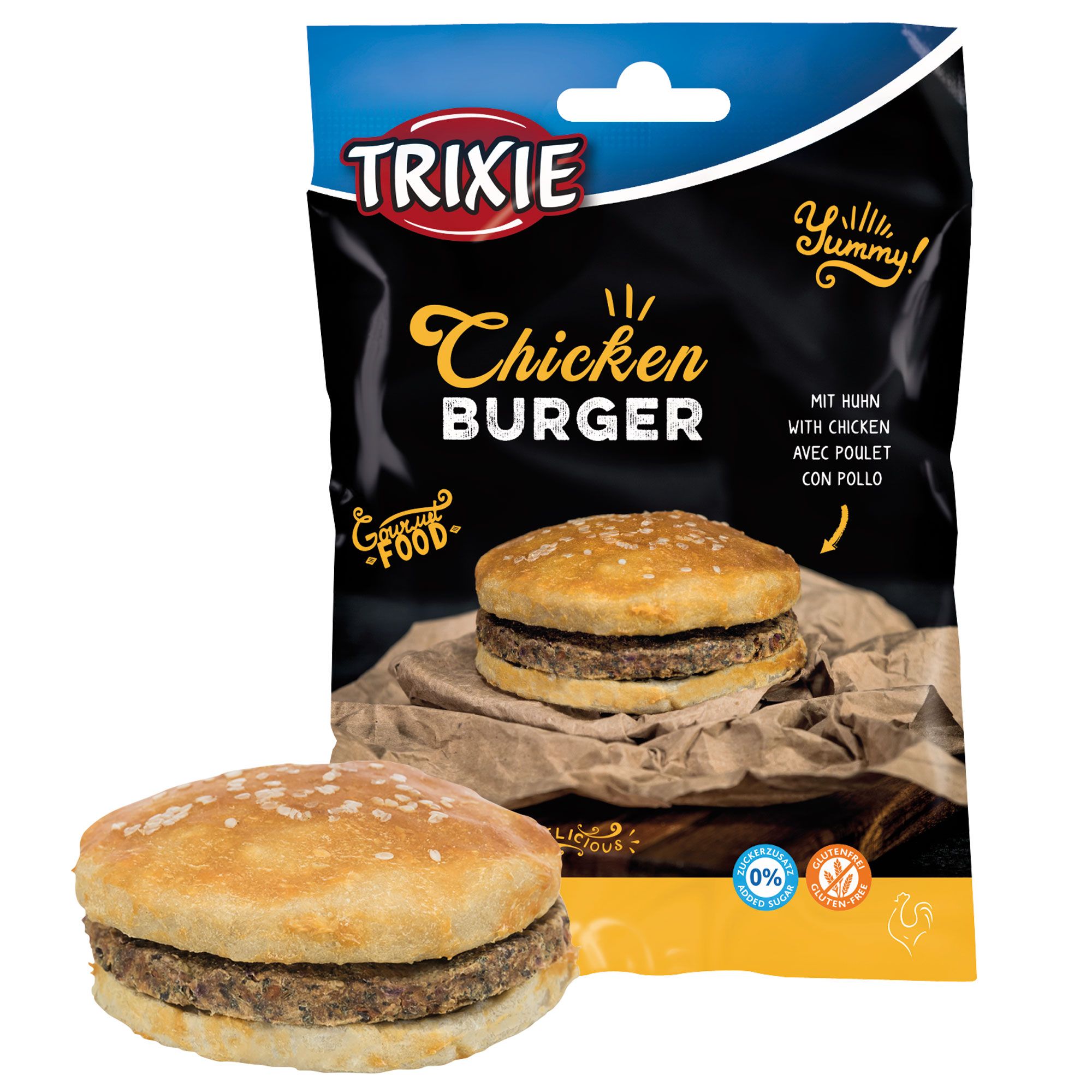 Verpackung mit Hunde-Burger. Aufdruck: TRIXIE, Chicken Burger, mit Huhn. Burger abgebildet.