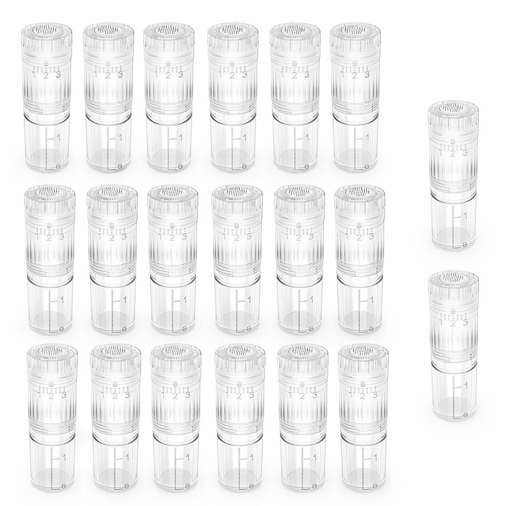 Mehrere transparente Microneedling-Nadeln, zylindrisch, mit Skala und Einstellring. 20 Stück, in Reihe angeordnet.