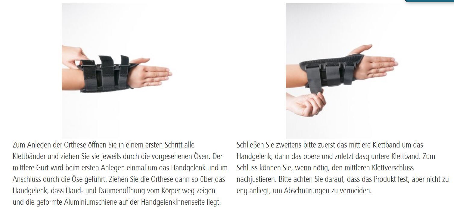 Zwei Fotos zeigen die Anwendung einer Handgelenkorthese. Text in Deutsch beschreibt die Schritte zum Anlegen und Schließen der Orthese.