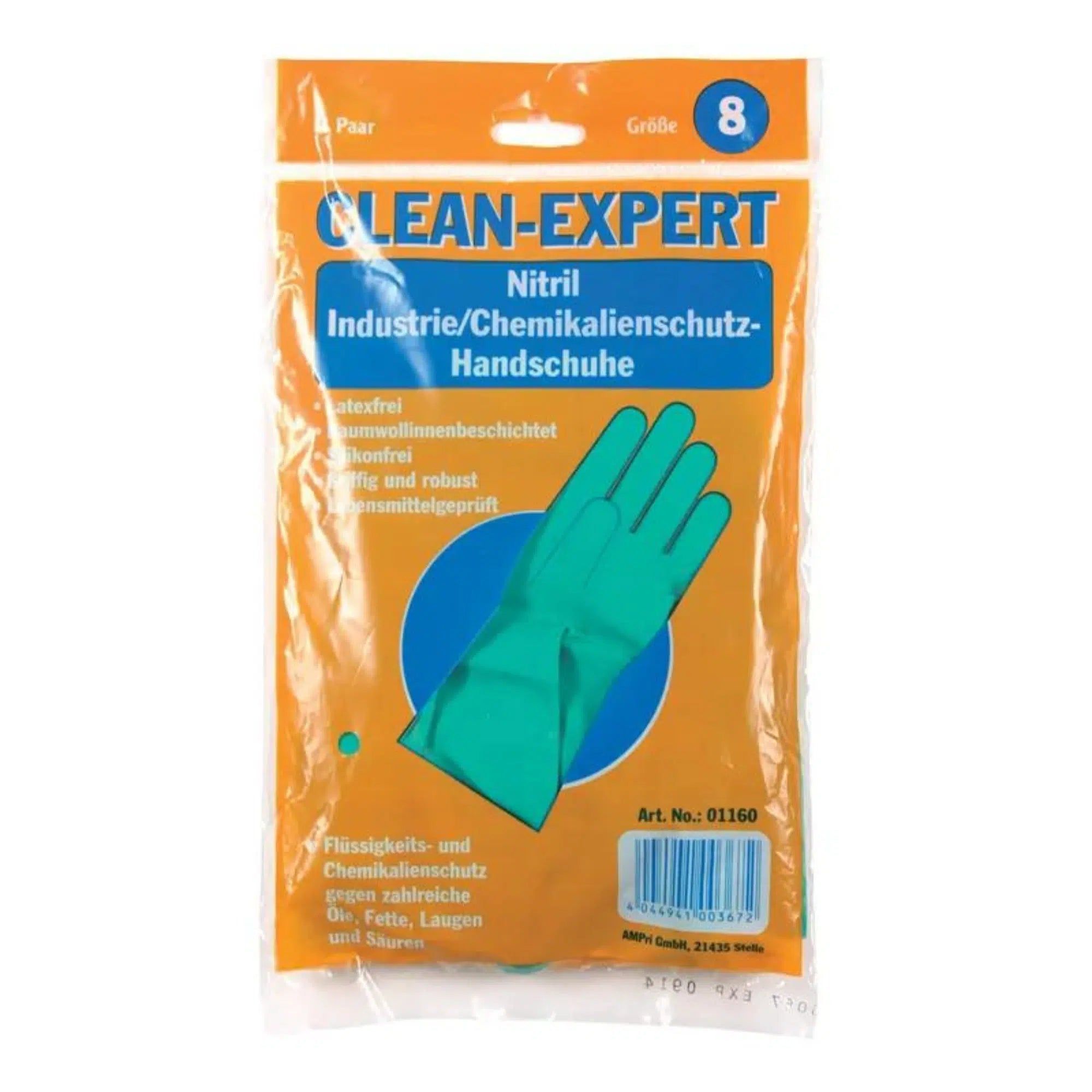 Verpackung mit grünen Nitril-Handschuhen. Aufschrift: CLEAN-EXPERT, Industrie/Chemikalienschutz-Handschuhe. Größe 8.