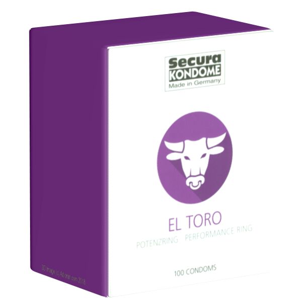 Verpackung mit Kondomen. Aufdruck: Secura Kondome, El Toro, 100 Kondome. Logo: Stierkopf in lila Kreis.