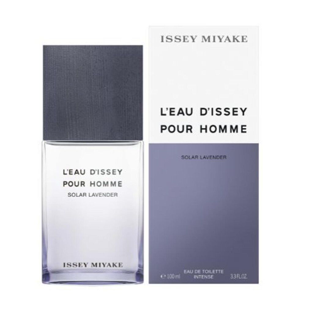 Flakon und Verpackung von L'EAU D'ISSEY POUR HOMME SOLAR LAVENDER. Aufschrift: ISSEY MIYAKE. Eau de Toilette Intense.