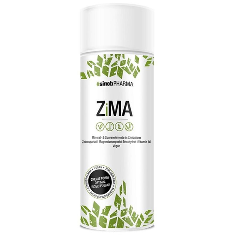 Zylindrische weiße Dose mit grünem Aufdruck. Aufschrift: ZIMA, #sinobPHARMA, Mineralien, Spurenelemente, Zink, Magnesium, Vitamin B6, vegan.