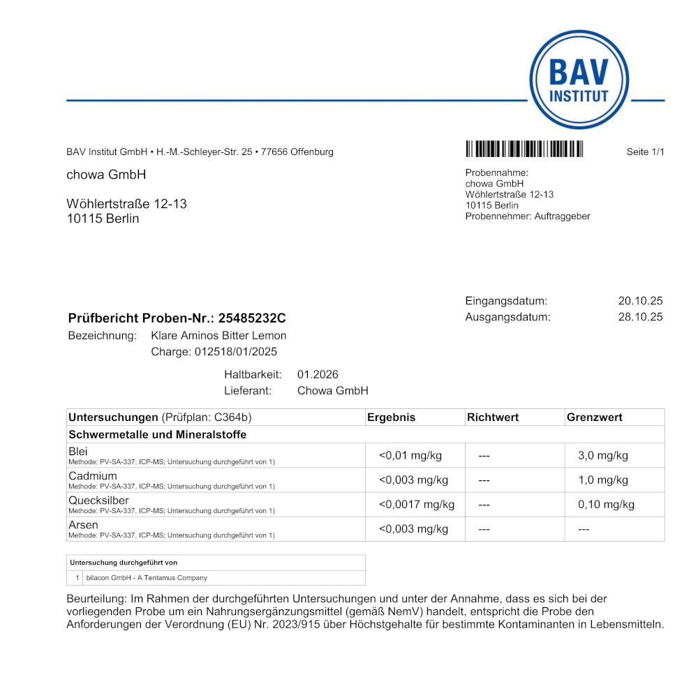 Prüfbericht des BAV Instituts. Angaben zu Schwermetallen und Mineralstoffen. Bezeichnung: Klare Aminos Bitter Lemon.