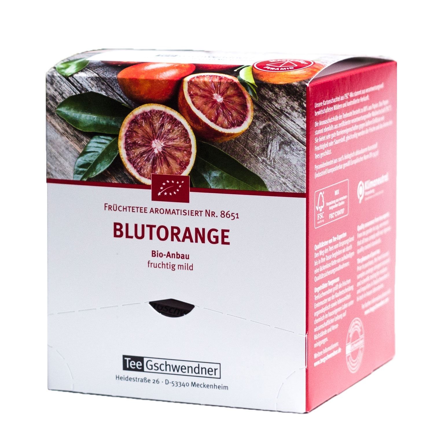 Verpackung von Tee Gschwendner Blutorange Bio. Abbildung von Blutorangen. Text: Blutorange, Bio-Anbau, fruchtig mild. Logo für Bio-Anbau.
