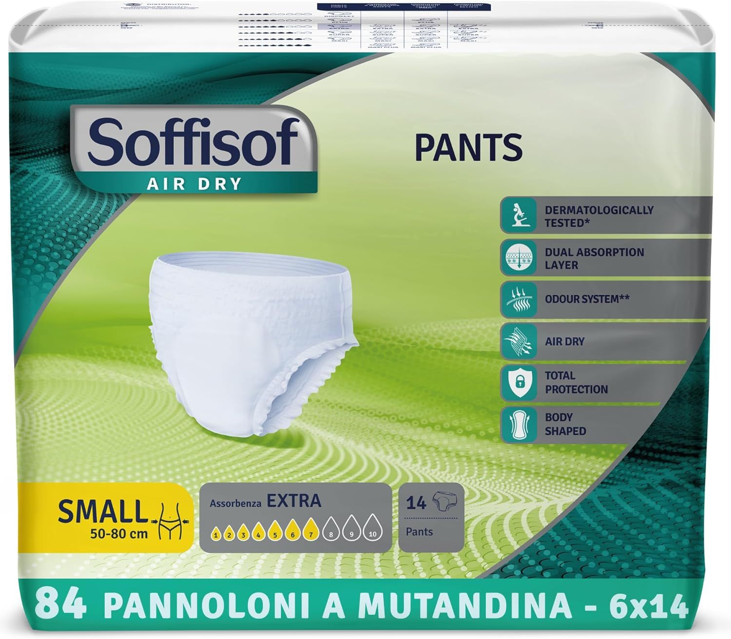 Verpackung Soffisof Pants Extra, Größe Small, 14 Stück. Merkmale: dermatologisch getestet, doppelter Absorptionskern, Geruchskontrolle.