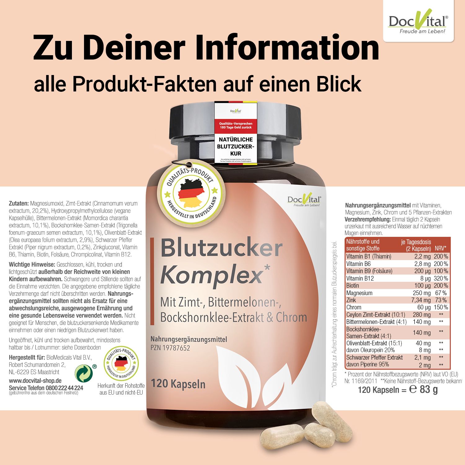 DocVital® Blutzucker Komplex- vegane Kapseln mit u.a. Ceylon Zimt, Chrom, Magnesium