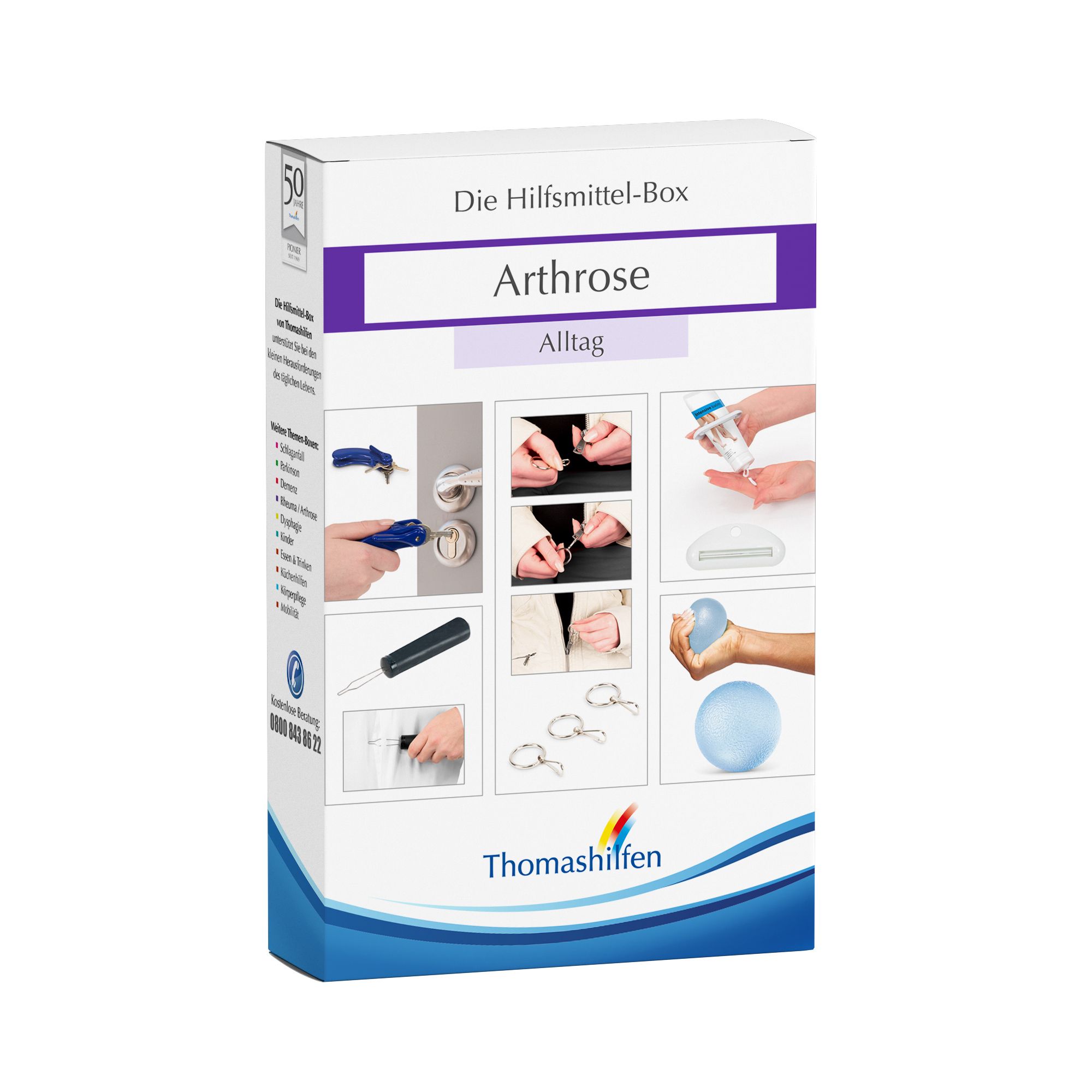 Box mit Hilfsmitteln für Arthrose. Aufschrift: Arthrose Alltag. Logo von Thomashilfen. Abbildungen von Hilfsmitteln.