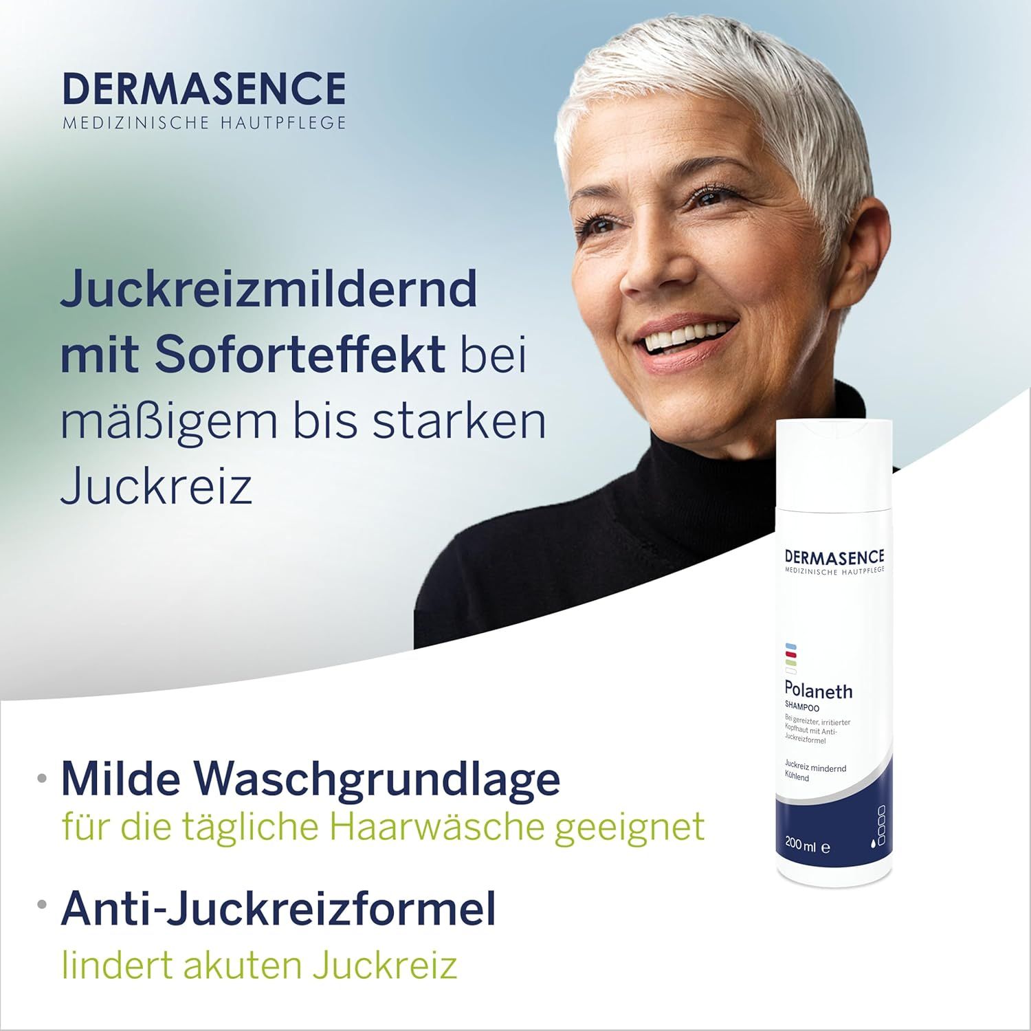 Frau mit grauem Haar, Flasche DERMASENCE Polaneth Shampoo. Text: Juckreizmildernd mit Soforteffekt. Milde Waschgrundlage.