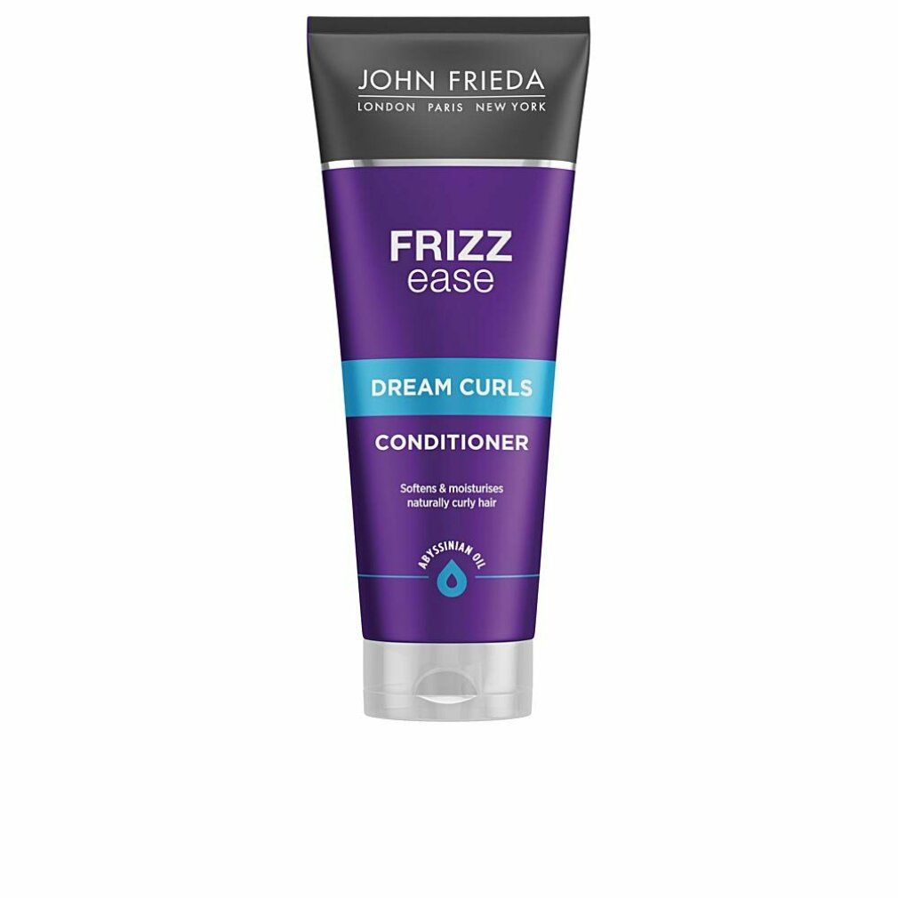 John Frieda Frizz Ease Traumlocken Conditioner. Lila Tube mit blauer Schrift. Enthält Abyssinian Oil. Text: Dream Curls, Conditioner.