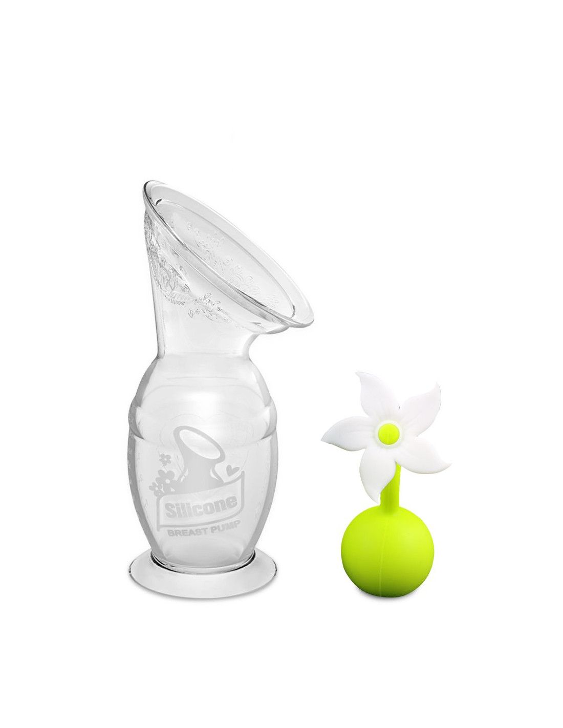 Transparente Milchpumpe mit Saugfuß und Blumenverschluss. Silikon-Brustpumpe. Grüner Blumenverschluss.