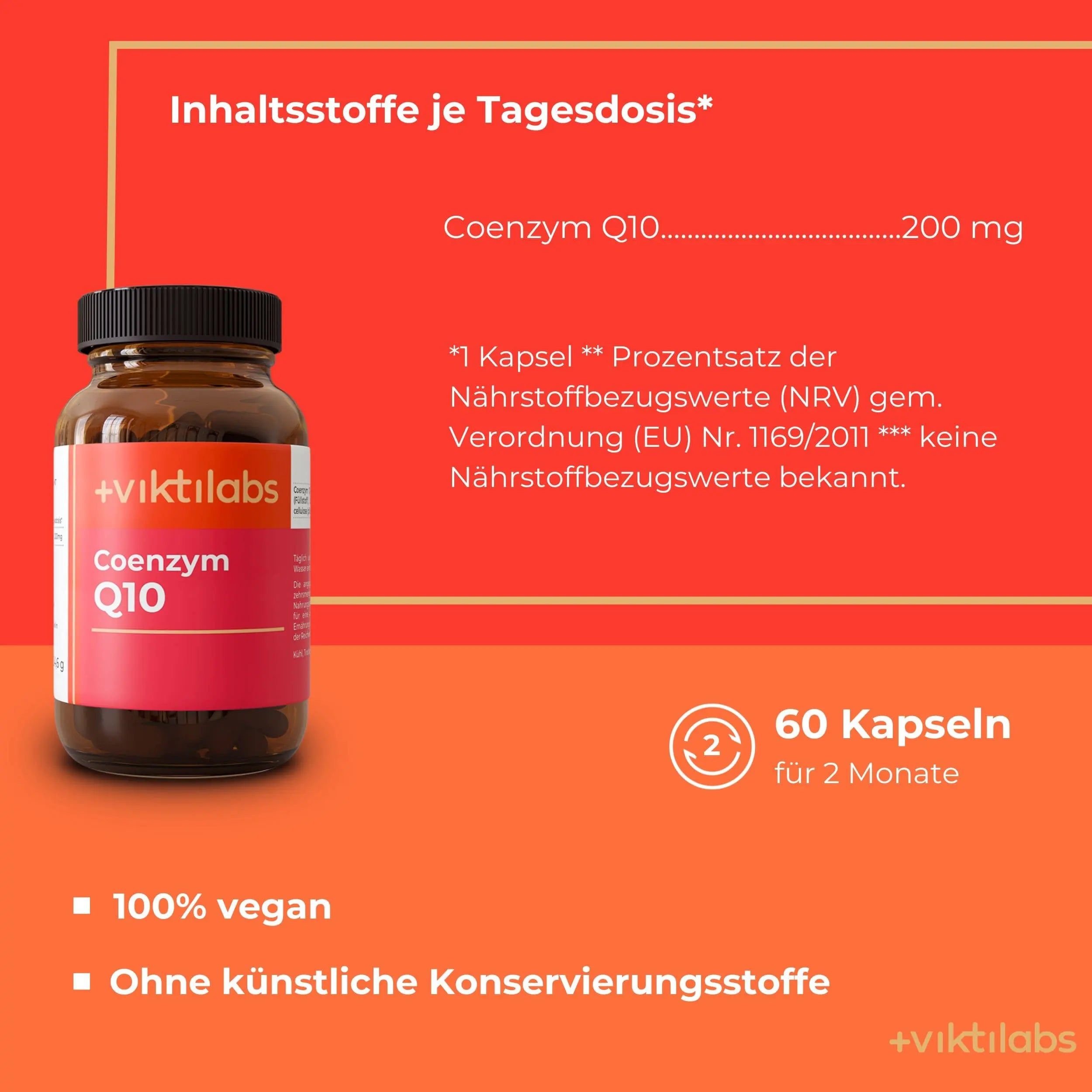 Flasche Viktilabs Coenzym Q10 mit Informationen zu Inhaltsstoffen und veganer Herstellung.