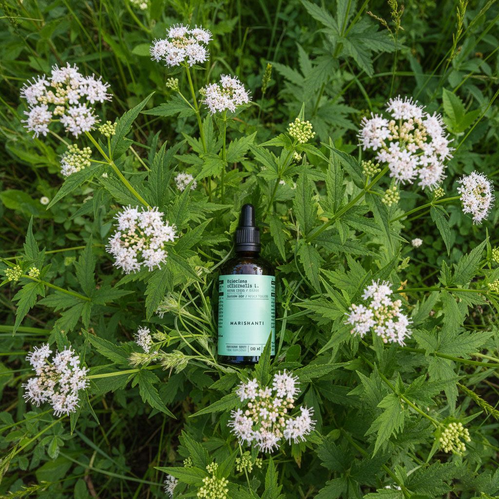 Braune Flasche mit Tropfer. Aufschrift: Marishanti, Baldrianwurzel Extrakt. Umgeben von Pflanzen und Blüten.