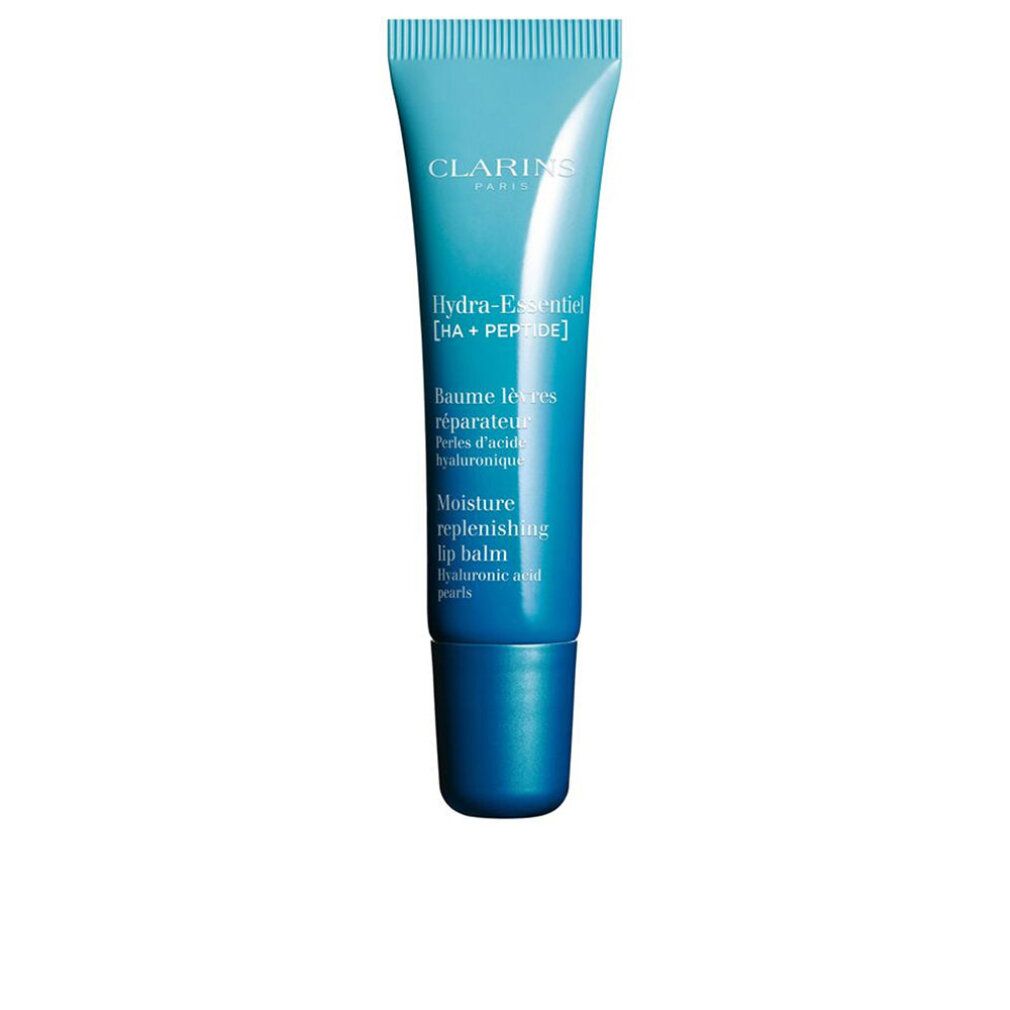 Blau-weiße Tube Clarins Hydra-Essentiel Lippenbalsam. Text: Moisture replenishing lip balm, Hyaluronsäure-Perlen.