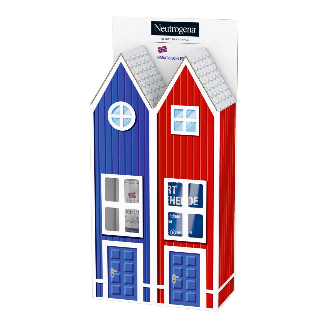 Geschenkverpackung in Hausform, blau und rot. Enthält Lippenpflege und Handcreme. Marke Neutrogena.