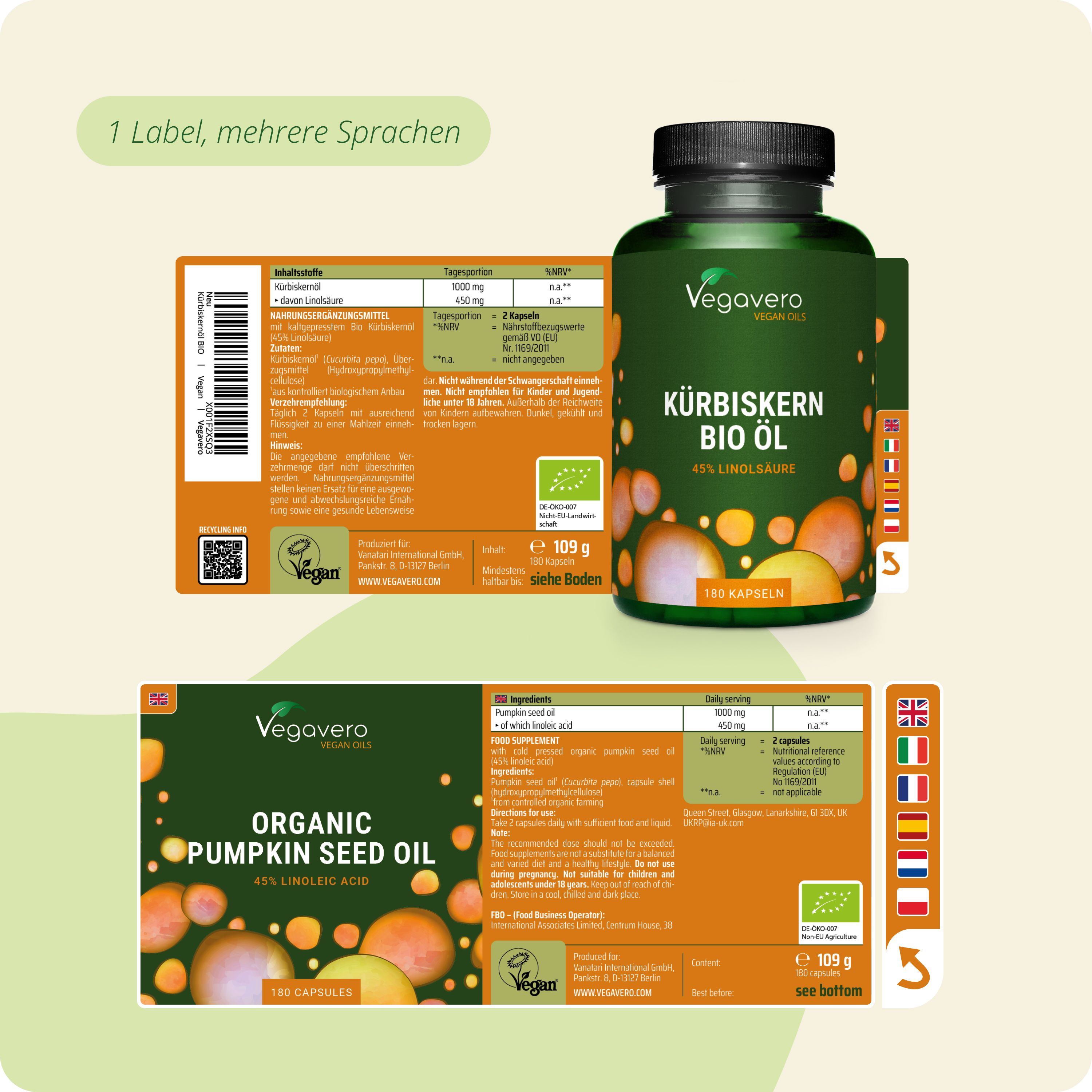 Vegavaro Kürbiskernöl BIO: Flasche und zwei Etiketten in verschiedenen Sprachen, mit Bio-Siegel und Vegan-Logo.