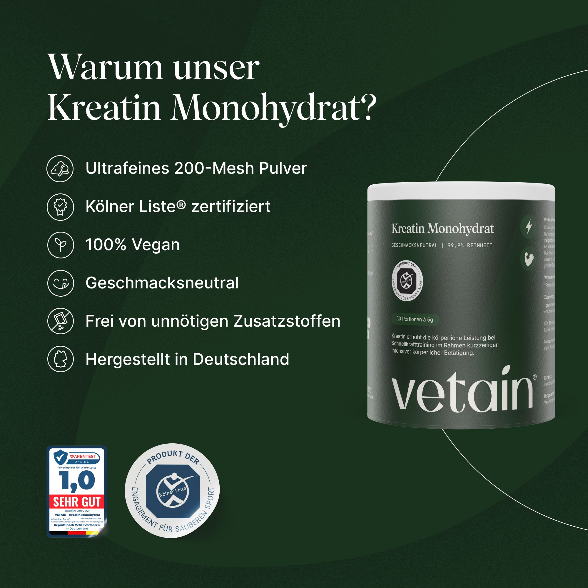 Grüne Infografik mit Vorteilen von Kreatin Monohydrat. Enthält: ultrafeines Pulver, Köln Liste zertifiziert, vegan, geschmacksneutral.