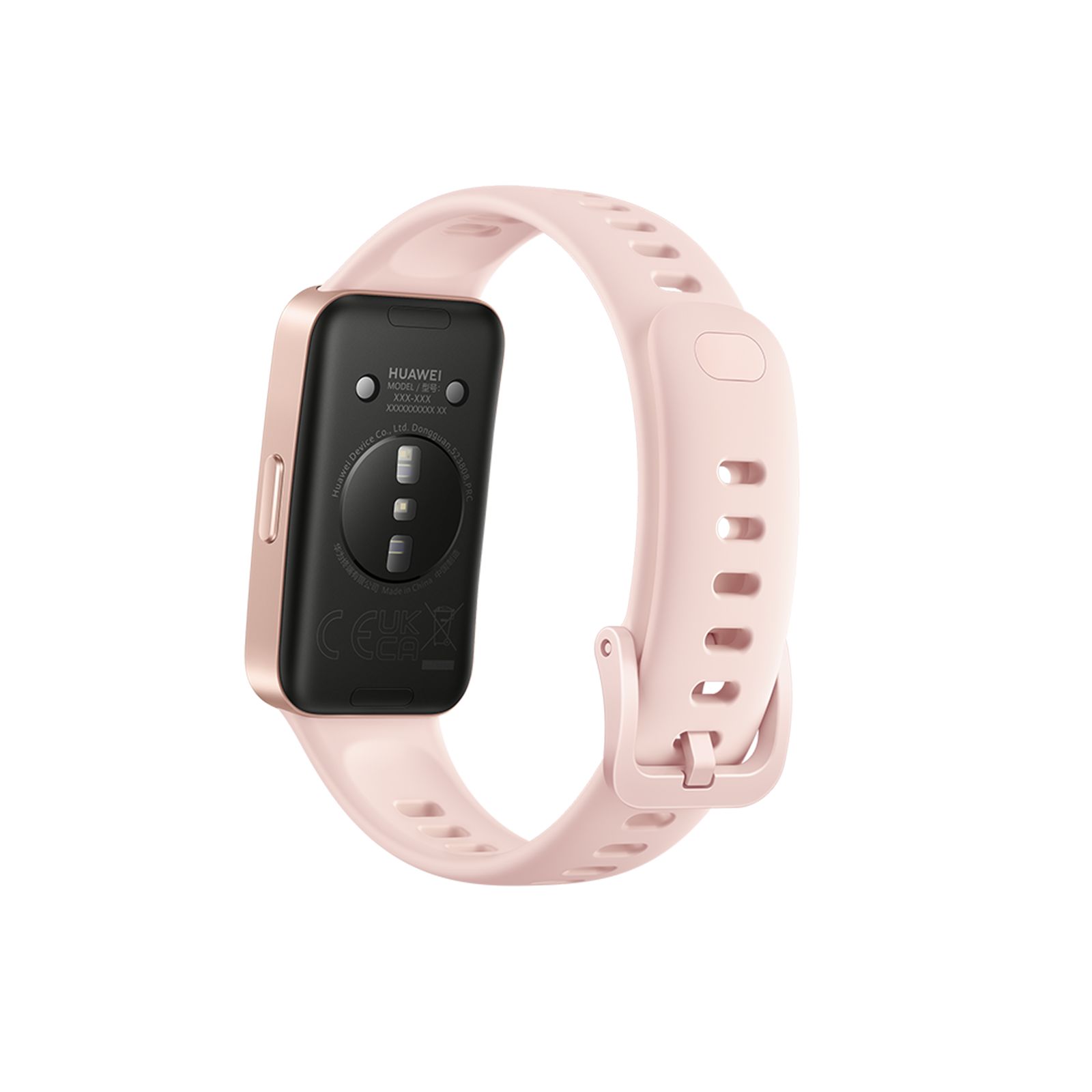 Fitness-Tracker mit rosa Armband. Rückseite des Gehäuses mit Sensoren. Rosa Armband.