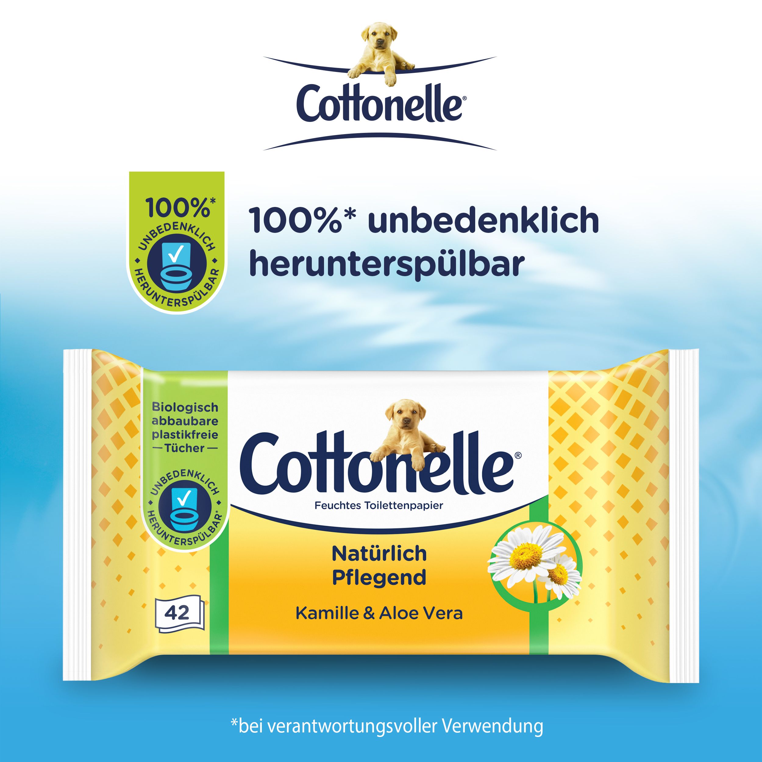 Cottonelle Feuchtes Toilettenpapier. Vorteilspack mit 42 Tüchern. Kamille & Aloe Vera. Verpackung mit Logo und Produktinformationen.