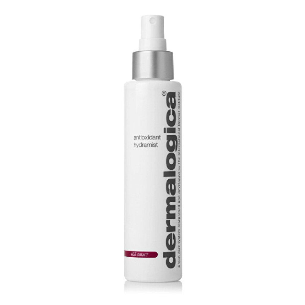 Weiße Sprühflasche mit silbernem Deckel. Aufschrift: antioxidant hydramist, Dermalogica. Roter Streifen mit Text.