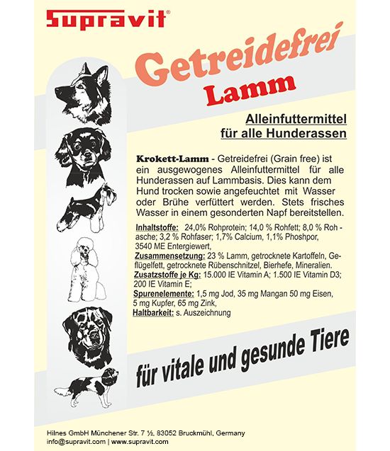 Getreidefreies Lamm-Alleinfuttermittel für alle Hunderassen. Text mit Inhaltsstoffen und Nährwerten. Hunde-Illustrationen.
